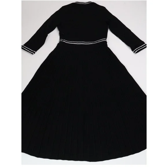 Maje Knit Midi Dress Contrast Trim Pleated Skirt Black White Office Classic $480 - Picture 9 of 15
